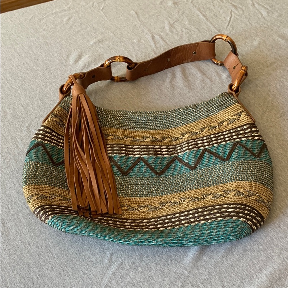 Eric Javits Stylish Tan and Teal Woven Women's Bag